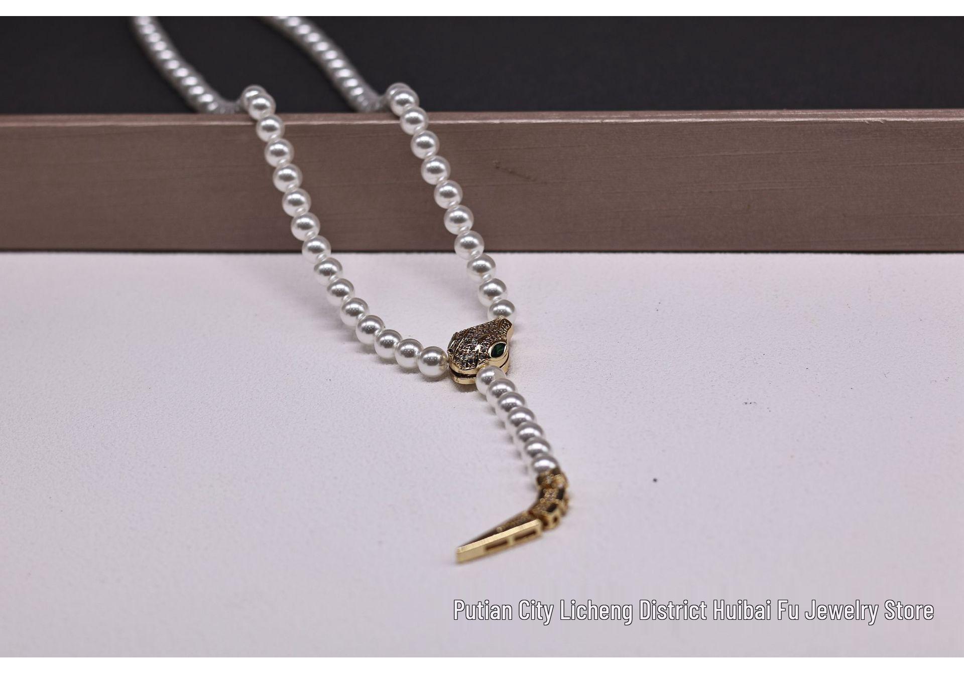 14K Gold Plated Snake Necklace with Zirconia & Artificial Pearl Beads Artificial Pearl