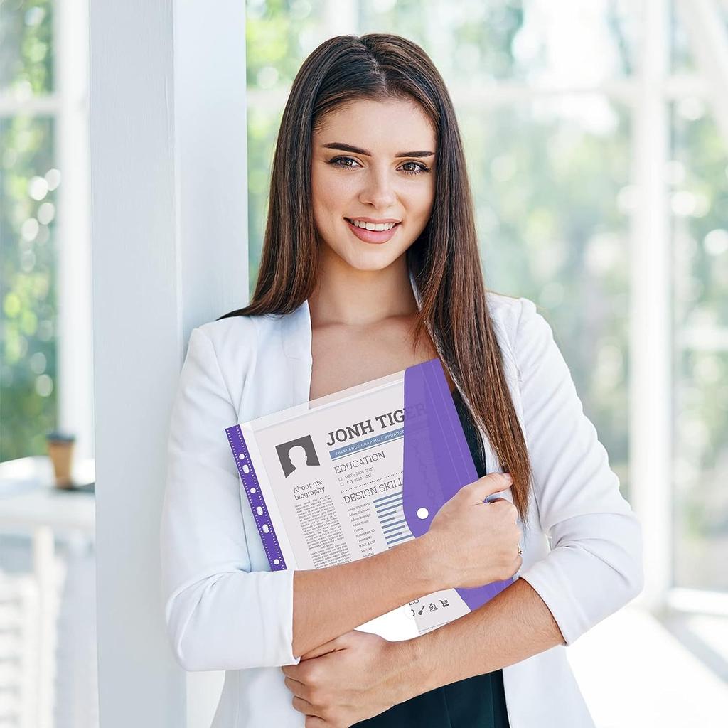 12pcs A4 Binder Pocket Plastic Envelopes Binder Folders, 11 Holes Expandable Binder Folders Document Pouch with Snap Button & Label Loose-Leaf