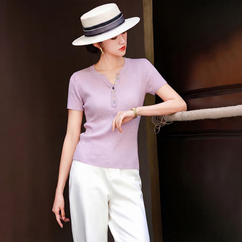 Lanser Women s Lyocell Blend V-Neck Ribbed Knit Top with Buttons XL фиолетовый