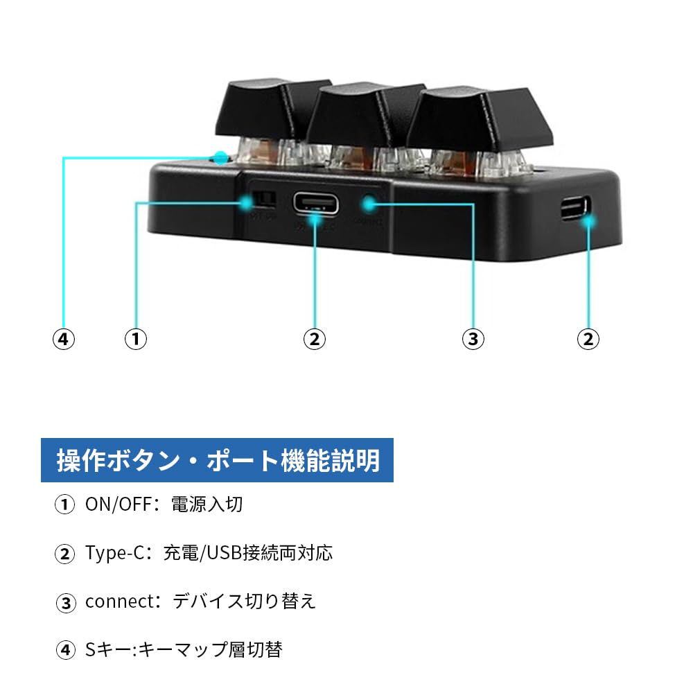 USB 3-Key Programmable Keyboard, Quiet, Red Switches, 3-Layer Function, Macro Keypad, Left-Handed Device for Streaming, DTM, Drawing, Video Editing,
