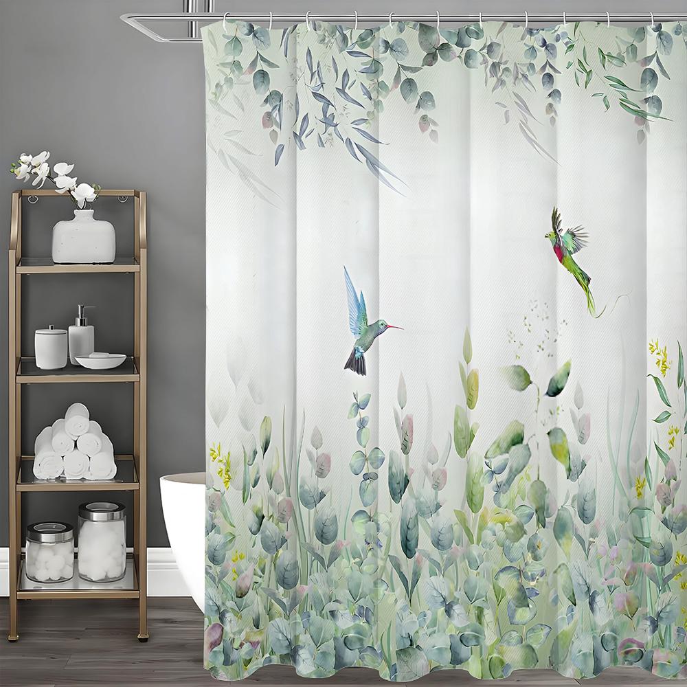 Green Leaf Shower Curtain Sage Eucalyptus Hummingbird White Green Leaf Botanical Floral Aesthetic Shower Curtain with Hooks, Wat