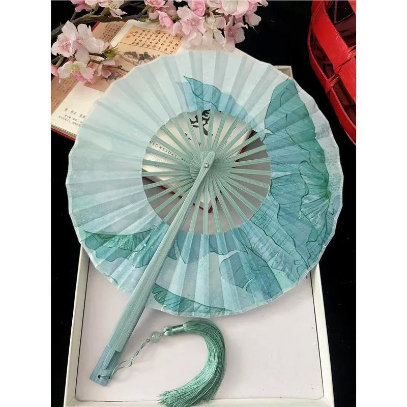 Chinese Style Green Jasmine Flower Folding Fan 360-Degree Folding Fan Round Fan Ancient Style Qipao Hanfu Dance Fan Portable Summer Fan