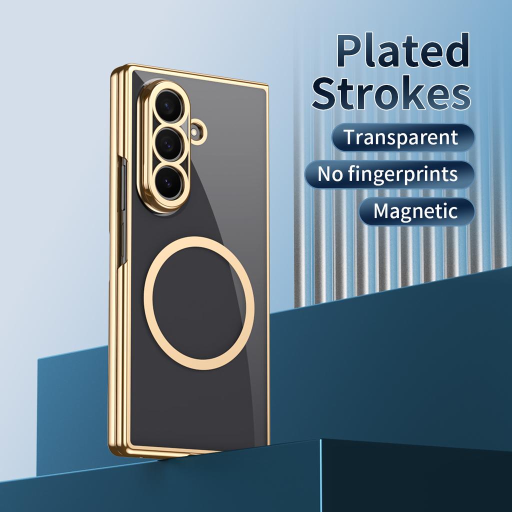 Business Electroplated Edge Transparent Magnetic Case for Samsung Galaxy Z Fold 8 Ultra 7 6 5 4 3 Tempered Film Glass PC Cover