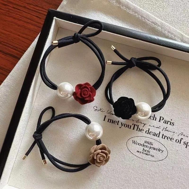 3Pcs Temperament Rose Hair Rope Gentle Ponytail Pearl Head Rope High Elastic Tie Hair Headwear Girls Women Hair Accessories