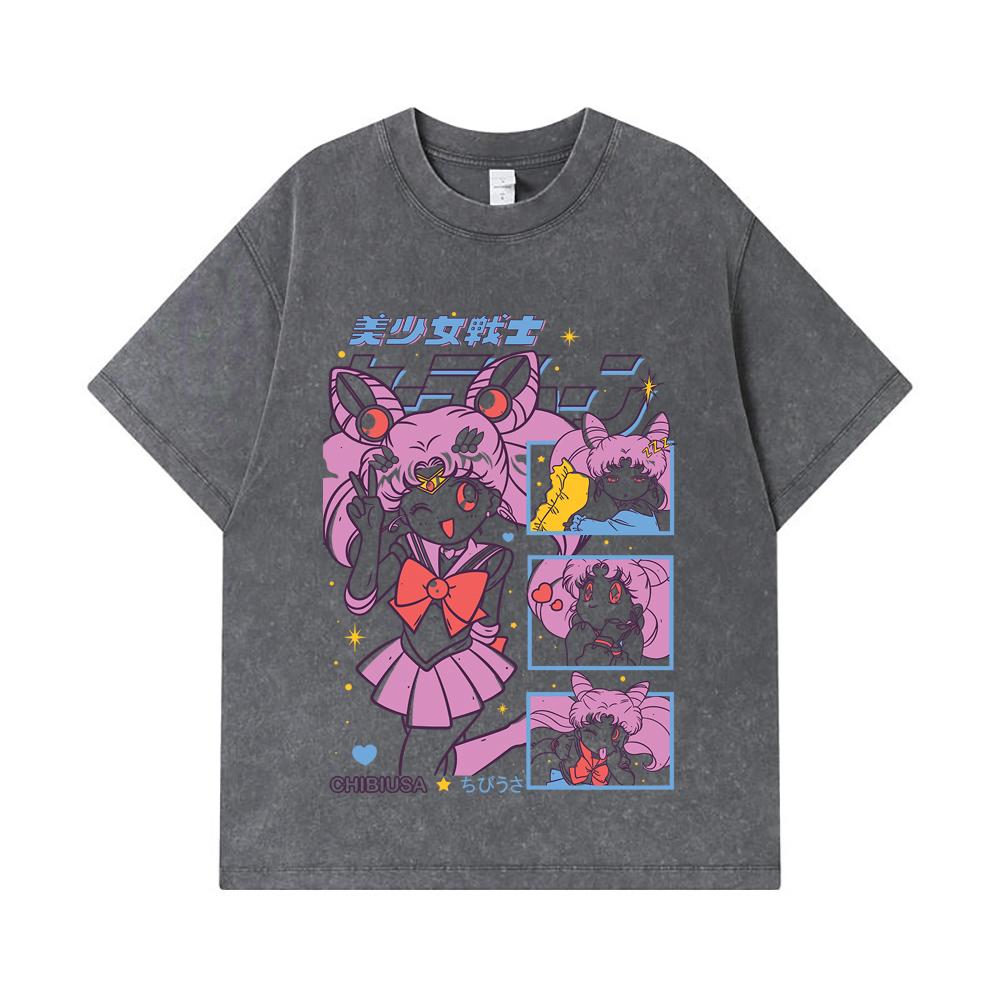 275 GSM Washed T-shirts 100% Cotton Chibiusa Print Unisex Heavy Cotton T Shirt