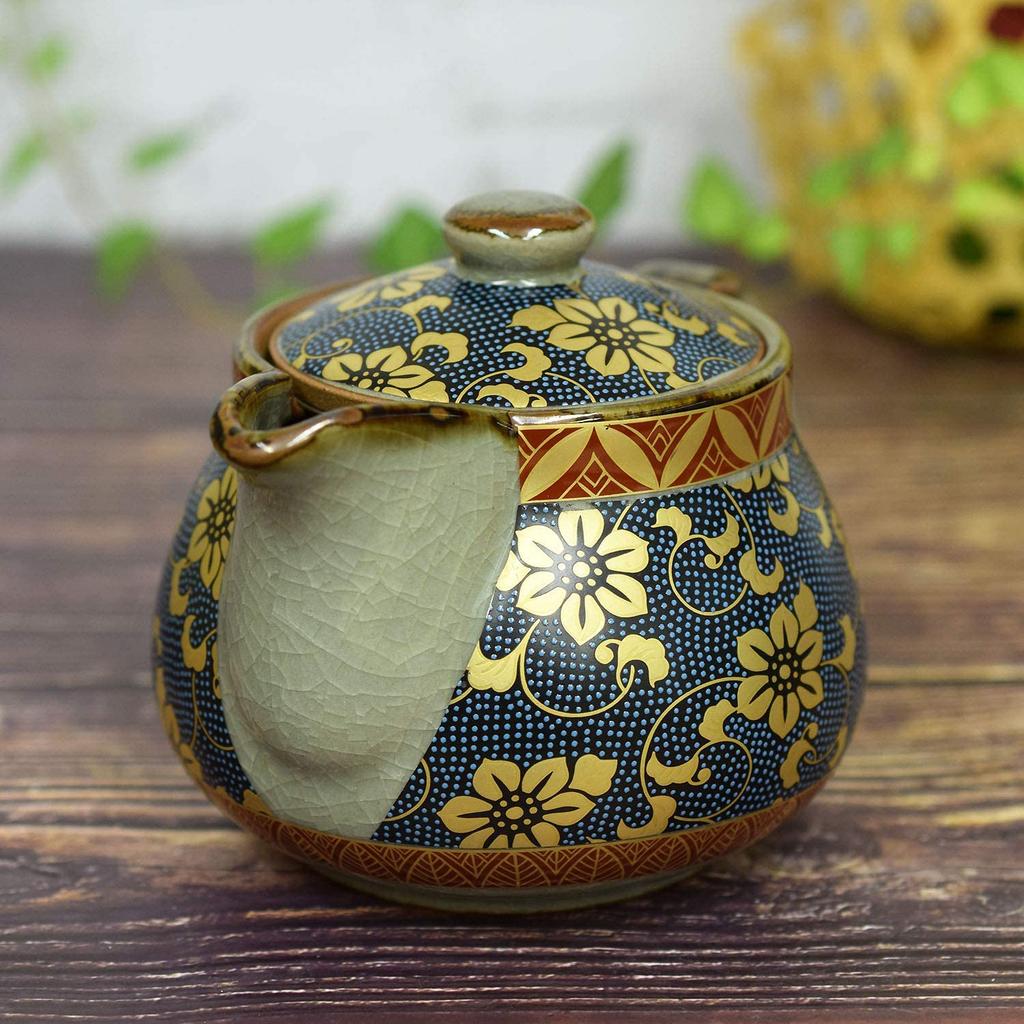 Stylish Kutani ware teapot with blue grain tessellation made in with tea strainer included design, Japan,
