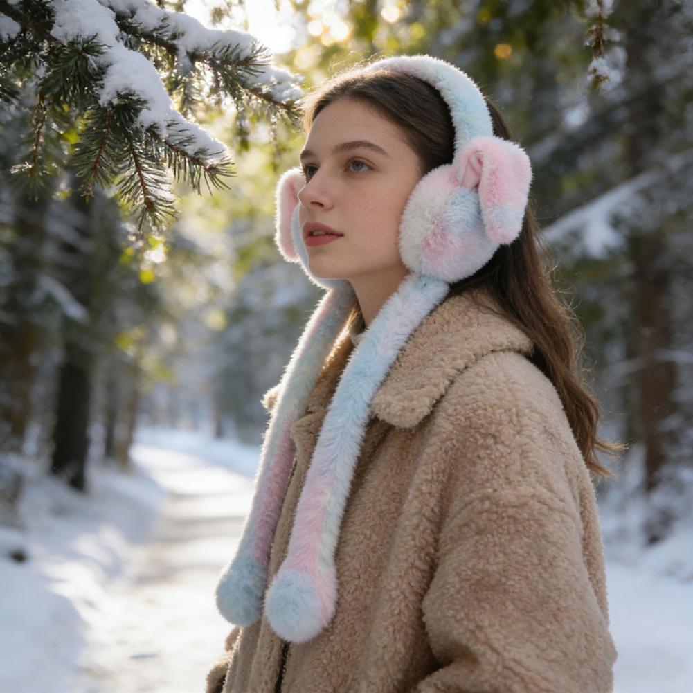Colorful Moving Bunny Ear Muffs for Girls - Manual Posable Floppy Ears Soft Plush Windproof Winter Ear Warmers