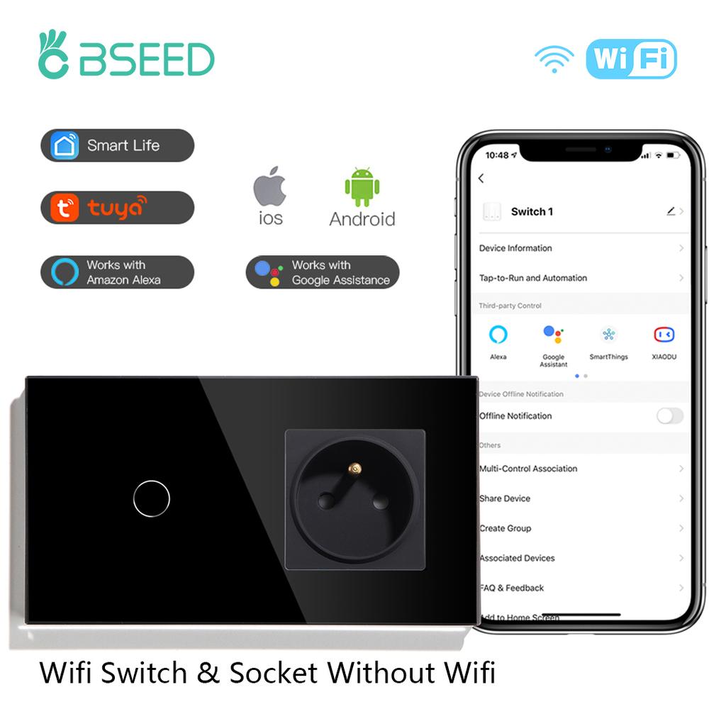 BSEED WLAN Touchschalter 1/2/3fach mit normaler FR-Steckdose Glasplatte Smart Wandschalter für Licht Tuya APP Steuerung Blaue Hintergrundbeleuchtung