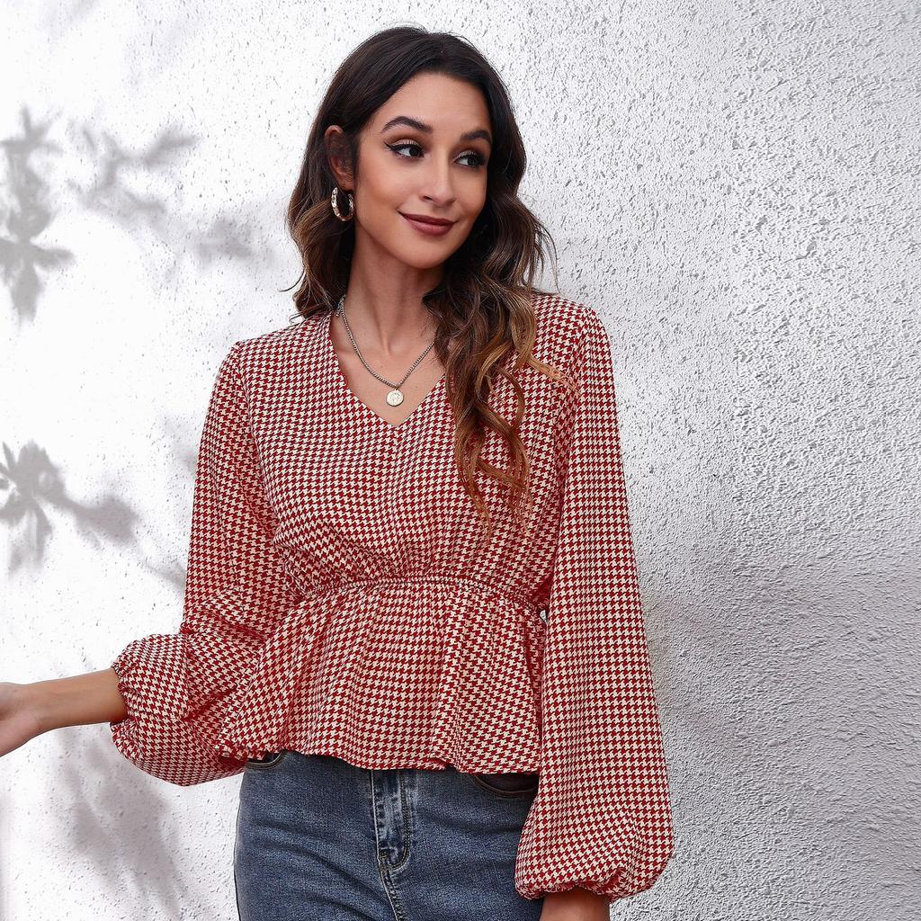 BITCED 19 Floral Checkered Chain Floral Checkerboard Printed Long Sleeve Chiffon Shirt for Women Spring and Autumn