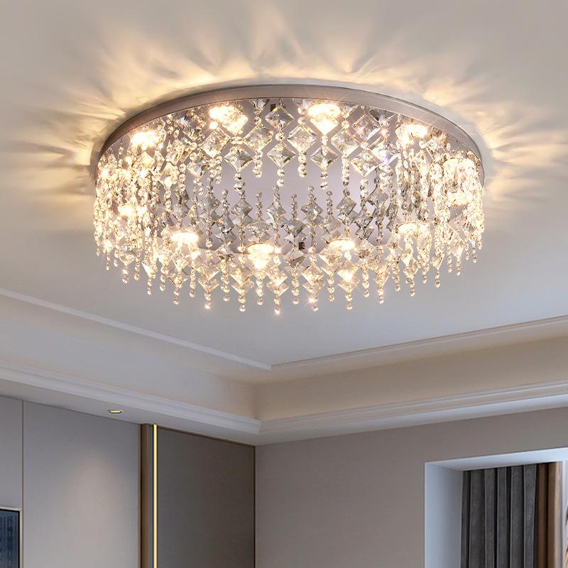 Luxurious French Crystal Ceiling Lamp - High-End Stainless Steel Round Fixture for Living Room or Master Bedroom.