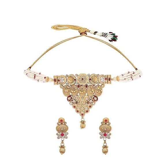 Gold-Plated Handcrafted Artificial Kundan Jewelry Choker Set with White Stone Matching Earrings For Women and Girls