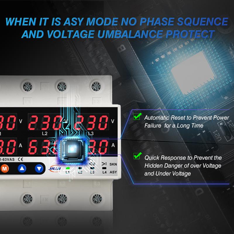 230V 63A/100A Over/Under Voltage Protector & Current Limiter, Three-Phase Four-Wire - JJTP1-63VAS