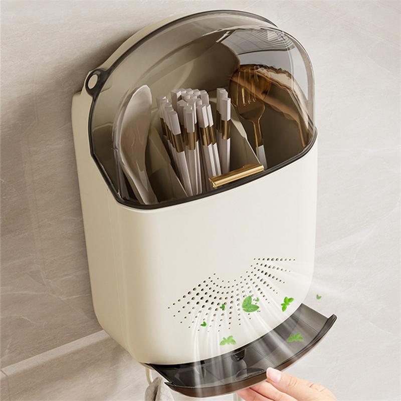 Kitchen Cutlery Storage Box Wall Mount Tableware Storage Holder With Lid Dustproof Spoon And Chopstick Organizer Drain Racks