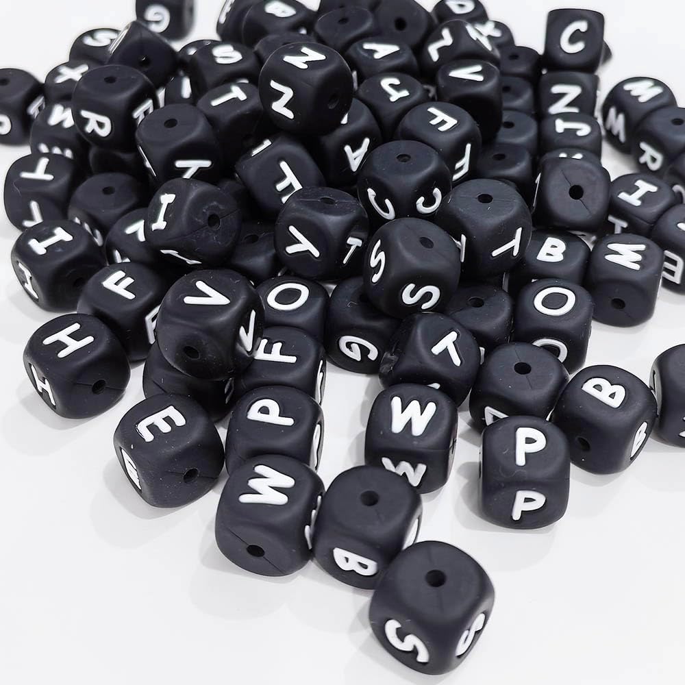 BetterJonny 105-Piece Silicone Alphabet A-Z Letter Beads, 12mm Square, Black, for Necklaces, DIY Bracelets, Crafts, and Jewelry Making, with String
