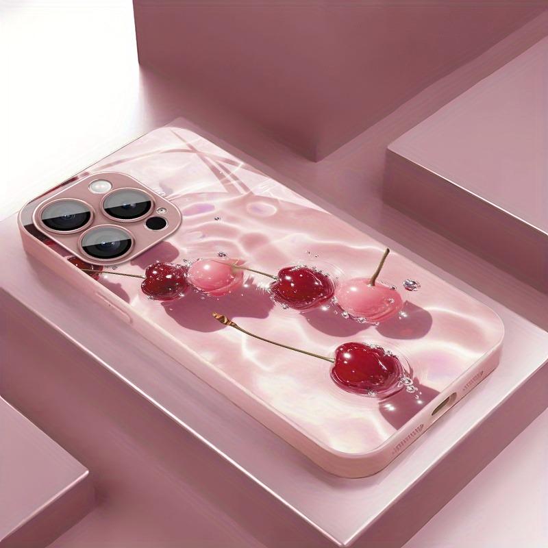 

Стеклянный жесткий чехол для телефона с рисунком Кристальная вишня и розовой металлической краской для iPhone 17 15 16 11 12 13 14 Pro Max Plus 16E 17Air Чехол iPhone 13 Pro