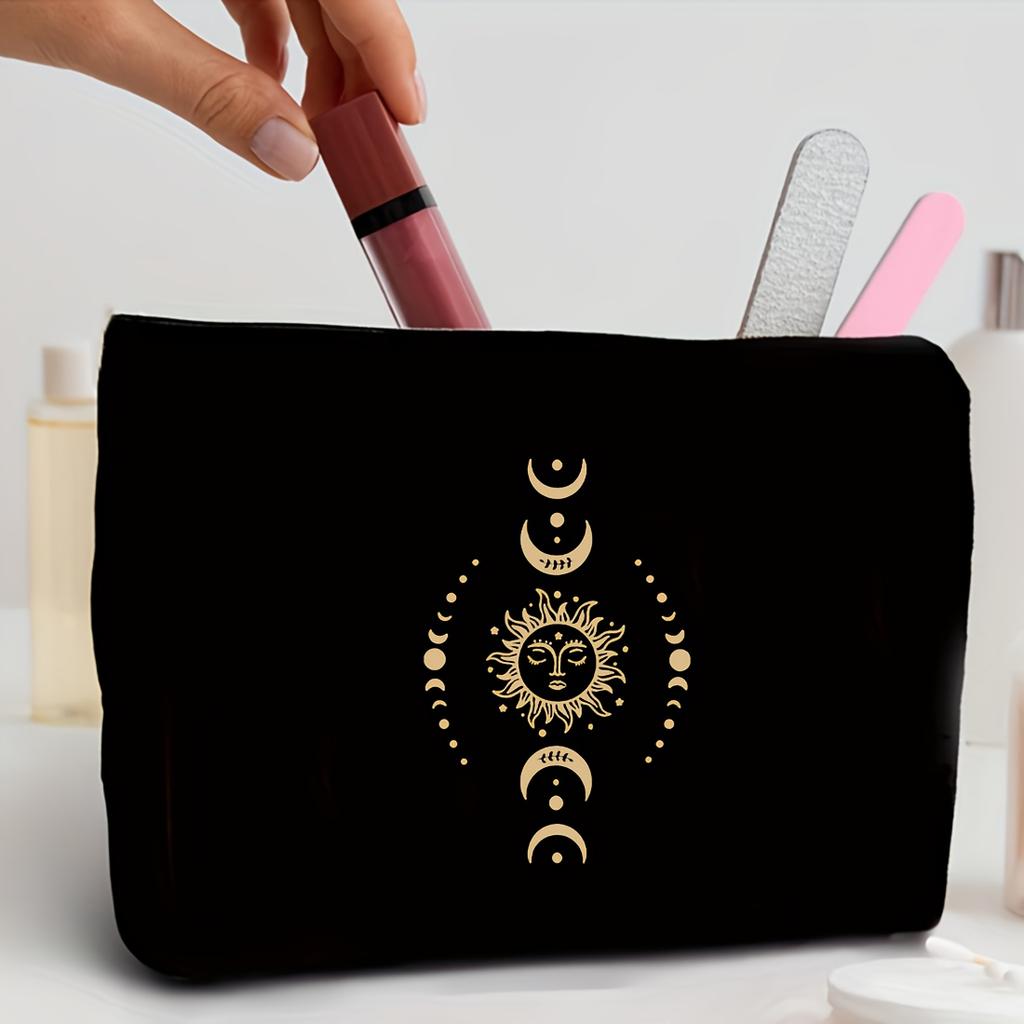 1pc Portable Printed with Golden Moon and Sun Patterns Zipper Bag, Multifunctional Cosmetic Bag Storage Bag.