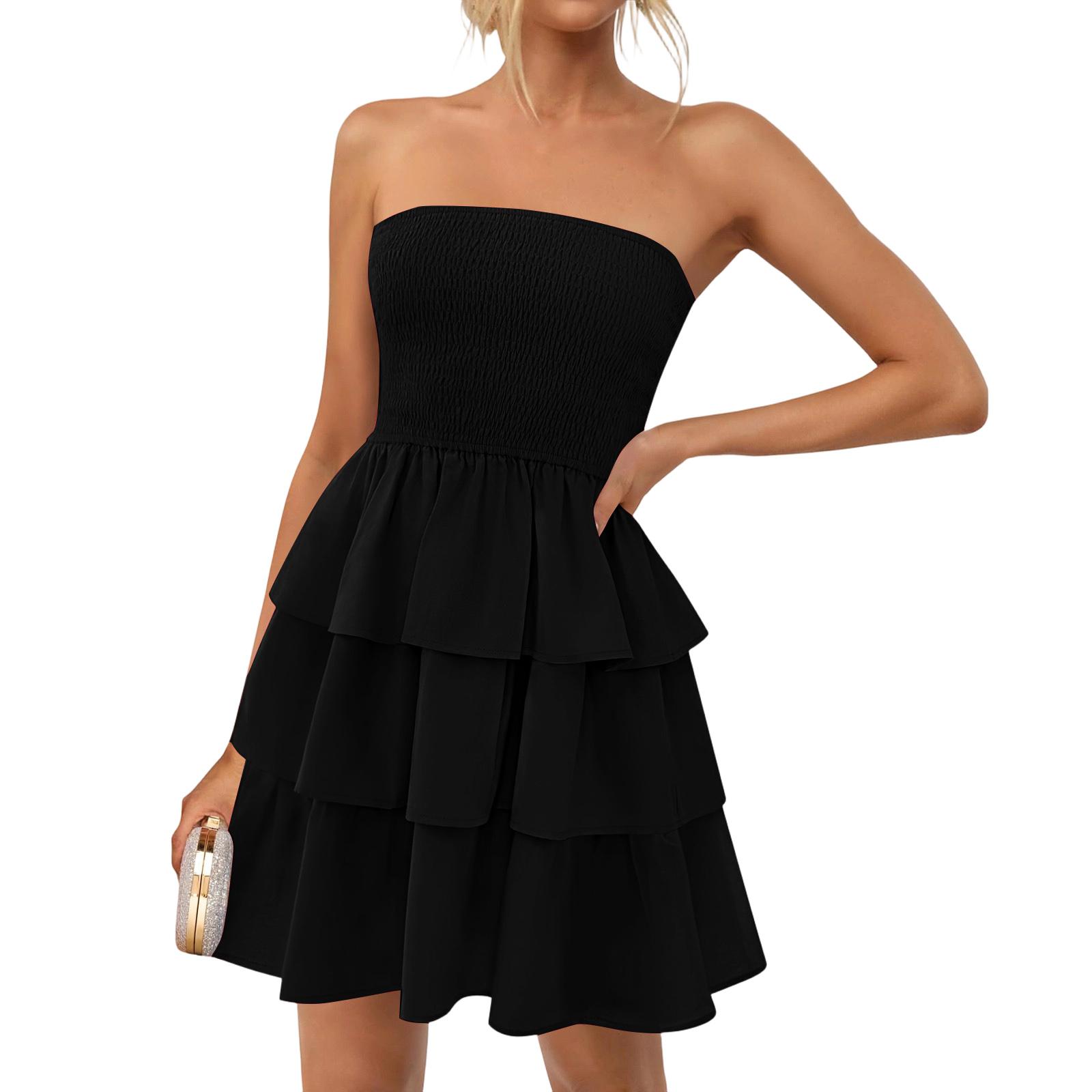 Женское цветное летнее повседневное платье без бретелей с открытыми плечами S чёрный