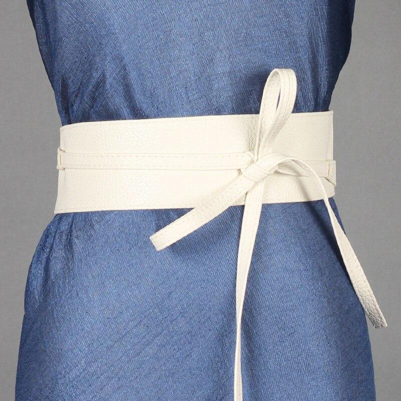 Women Fashion Solid Color Soft Faux Leather Wide Long Belt Self Tie Wrap Around Waist Girdle Dress Belts Bow Waistband