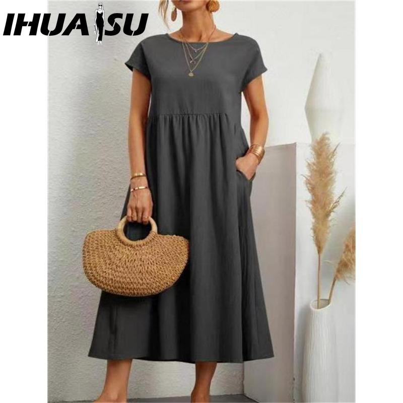IHUASU Women's Fashion Summer Spring Solid Color Print O-Neck High Waist Casual Dresses