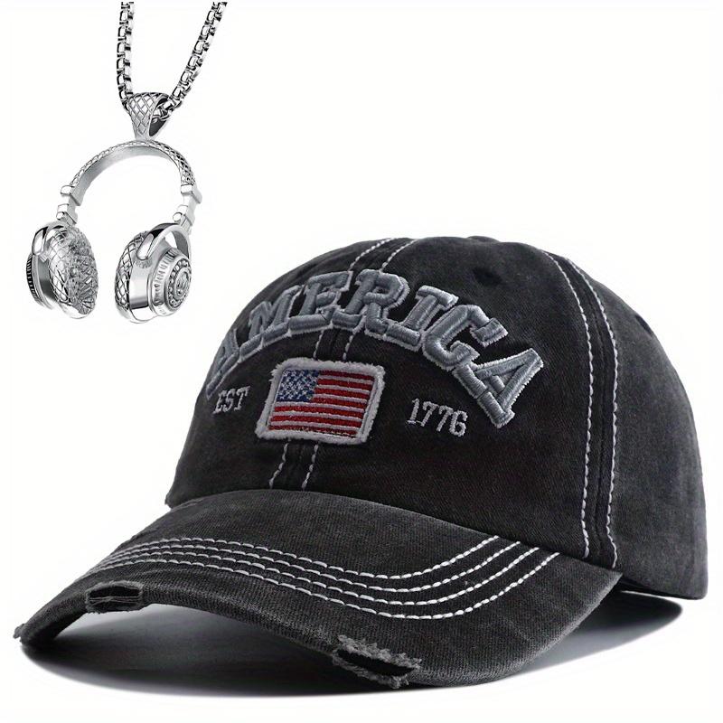 2pcs Men's Baseball Cap Necklace Set Duckweed American Flag Hat Hip-hop Necklace Pendant Net Red Baseball Cap Fashionable Hundred Matching Sun Hat