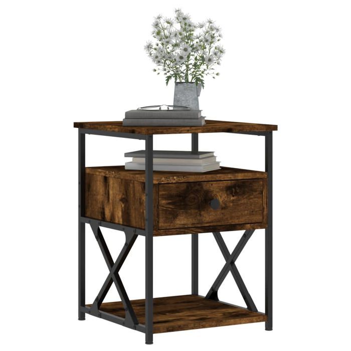Table de chevet - Maison Exclusive - Chêne fumé - Bois d'ingénierie et cadre en fer - 40x42x55 cm