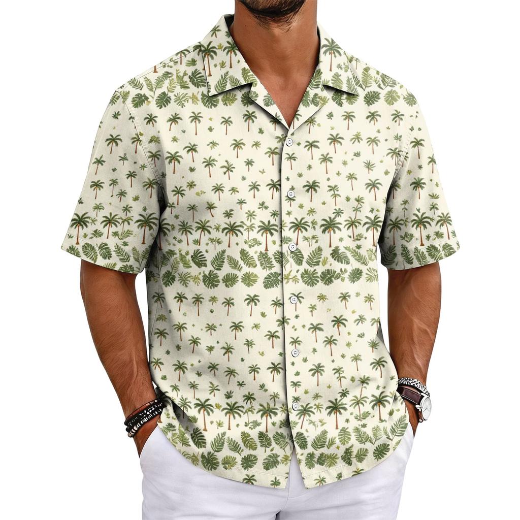 Men's Summer Hawaiian Print Cuban Collar Shirt Lightweight Breathable Short Sleeve Button Down Casual Beach Shirt