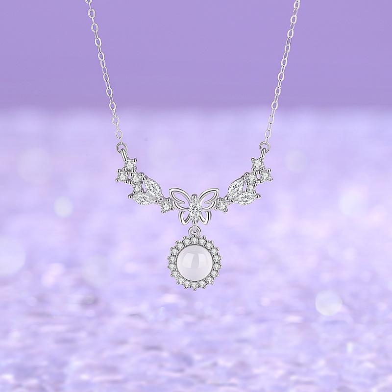 S925 Sterling Silver Moonlight Butterfly Chalcedony Necklace - Elegant Chinese Style Clavicle Chain