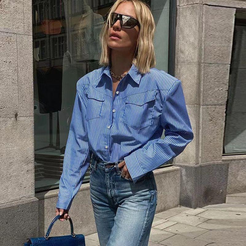 

Autumn European and American Stripe Shoulder Pad Shirts Design Shirt Striped Shoulder Padded Shirt Stripes S