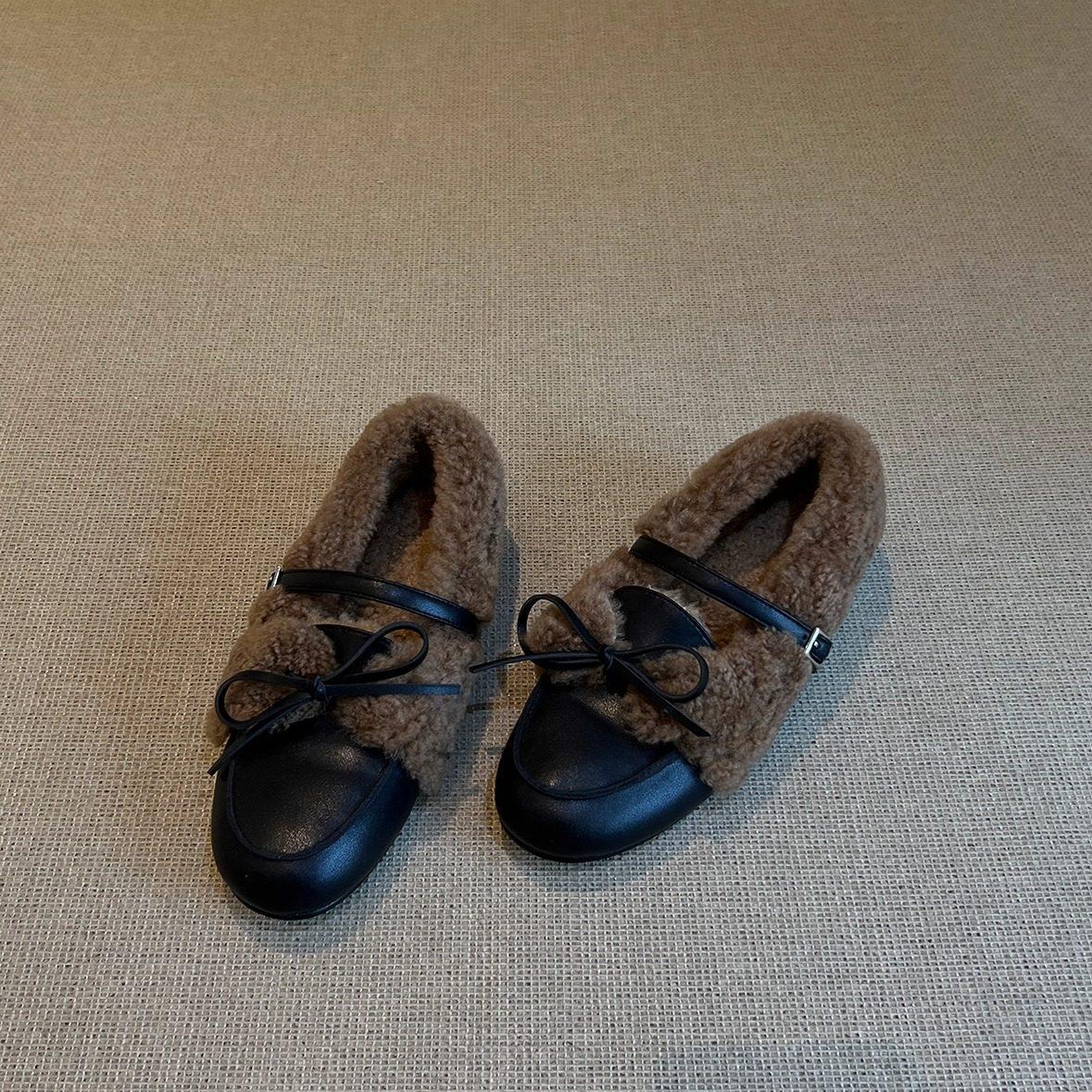 Fleece warm bow with Mary Jane fluffy shoes flat shoes 35