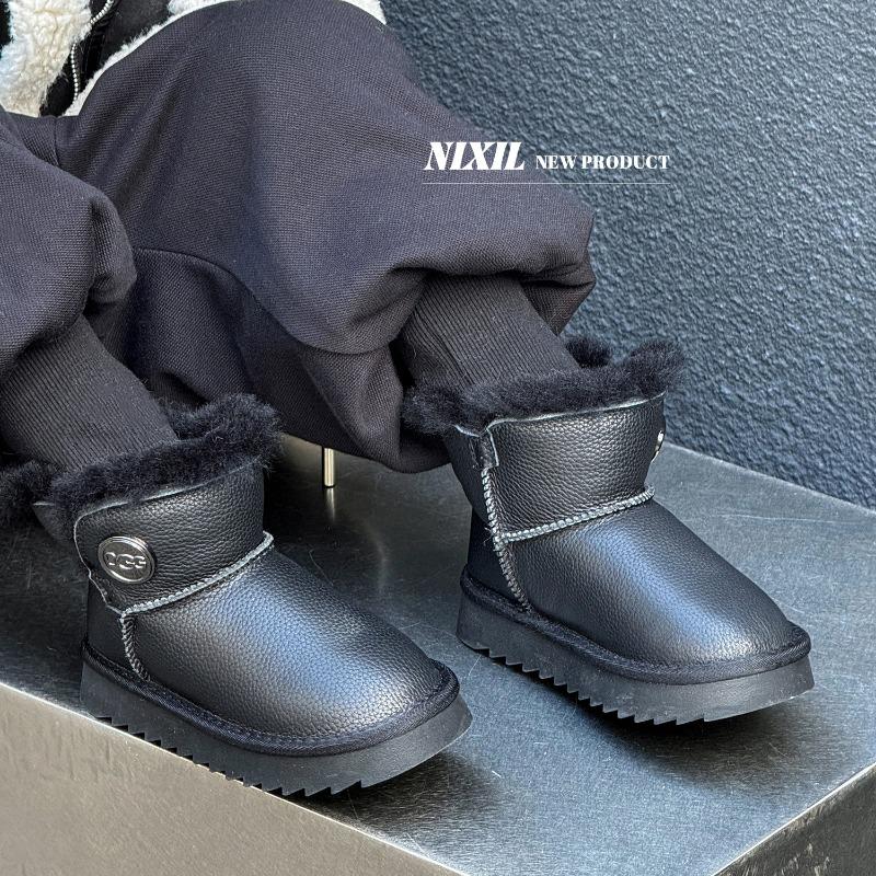 Winter new children's leather snow boots simple and versatile large cotton boots real hairy warm boots for boys and girls