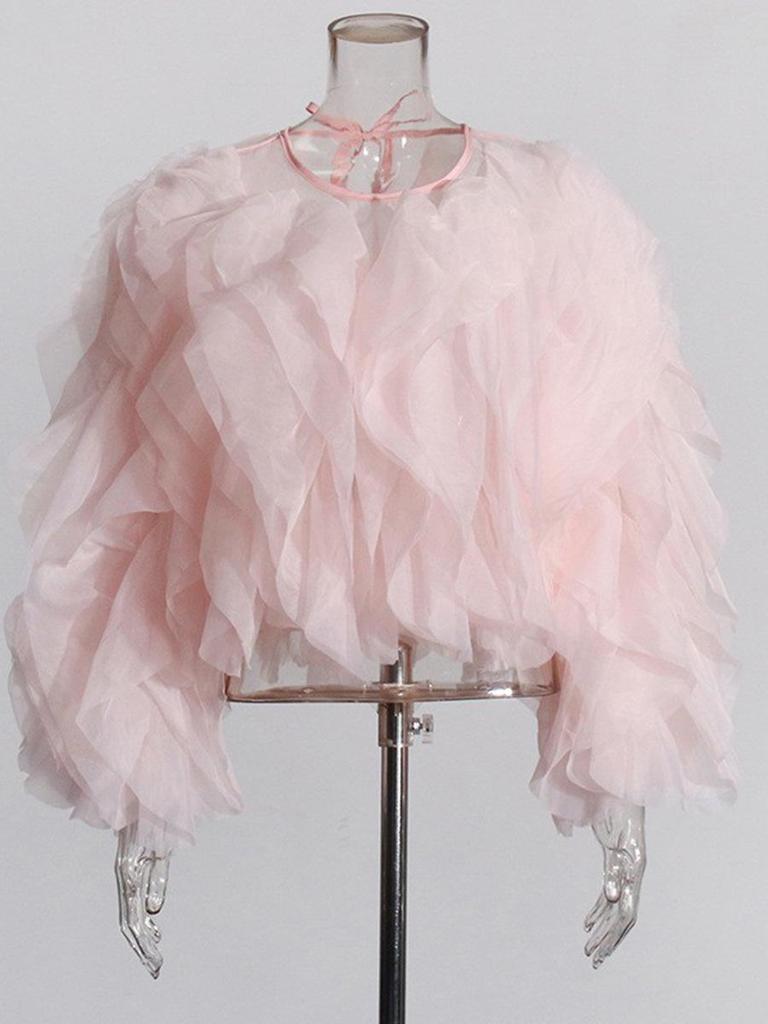 Elegant Ruffle Patchwork Round Neck Top for Women - 2026 Spring/Autumn Collection