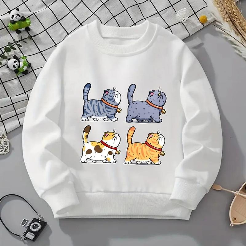 Kids Crewneck Sweatshirt, Adorable Collared Cats Graphic Print,Spring Autumn Casual Sport Tops