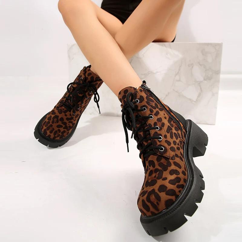 Leopard Women Ankle Boots Platform Heels Shoes Brand Autumn Winter Fashion Motorcycle Boots  Trend Goth Pumps Botas Mujer