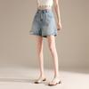 RAIN.CUN Petite Distressed High-Waist Relaxed Fit Denim Shorts