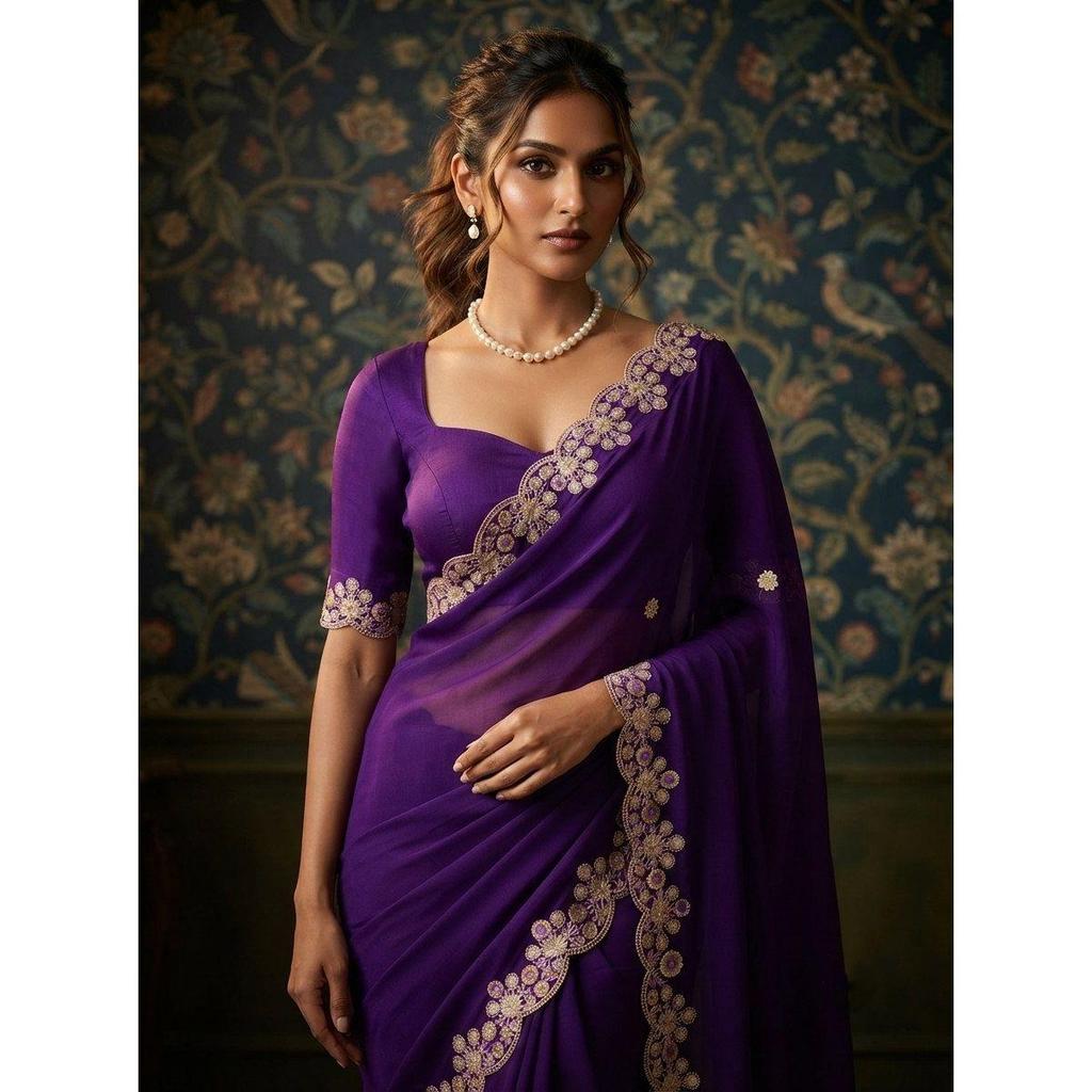 Party Wear Soft Shattin Chiffon Saree
