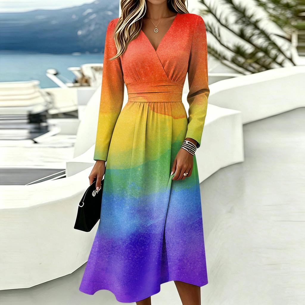 Damen V-Ausschnitt Langarm Print Kleid mit Taschen Lässig Tägliches Tragen