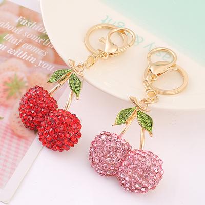 Rhinestone Cherry Charm Keychain Creative Cute Fruit Shape Key Ring Bag Pendant Ornaments For Women Men Souvenir Birthday Gift