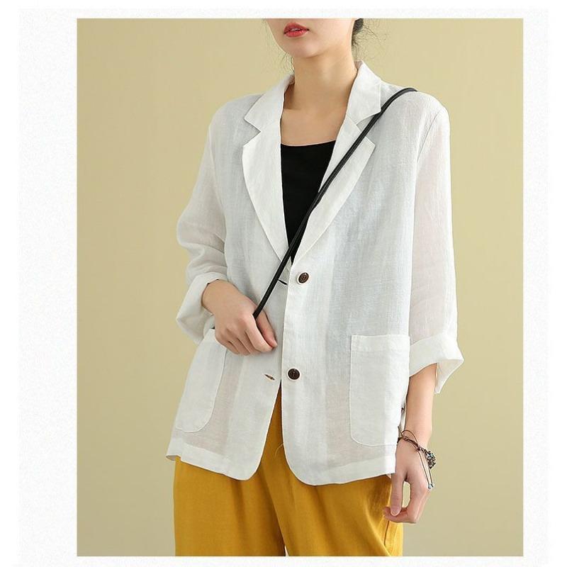 Fashion Casual Cotton and Linen Women Jacket Small Suits 2025 Spring Summer New Loose Long Sleeve Office Blouse Sunscreen Shirt Woman Pockets Clothing