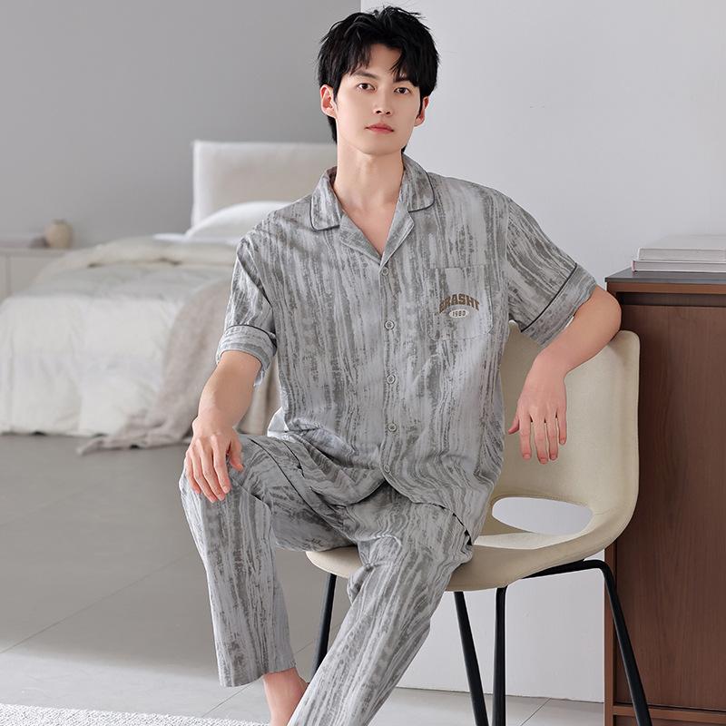 Pajamas Men's Summer Cotton Short Sleeve Trousers Men's Thin Summer Large Size Half Sleeve Men's Summer Loungewear Set