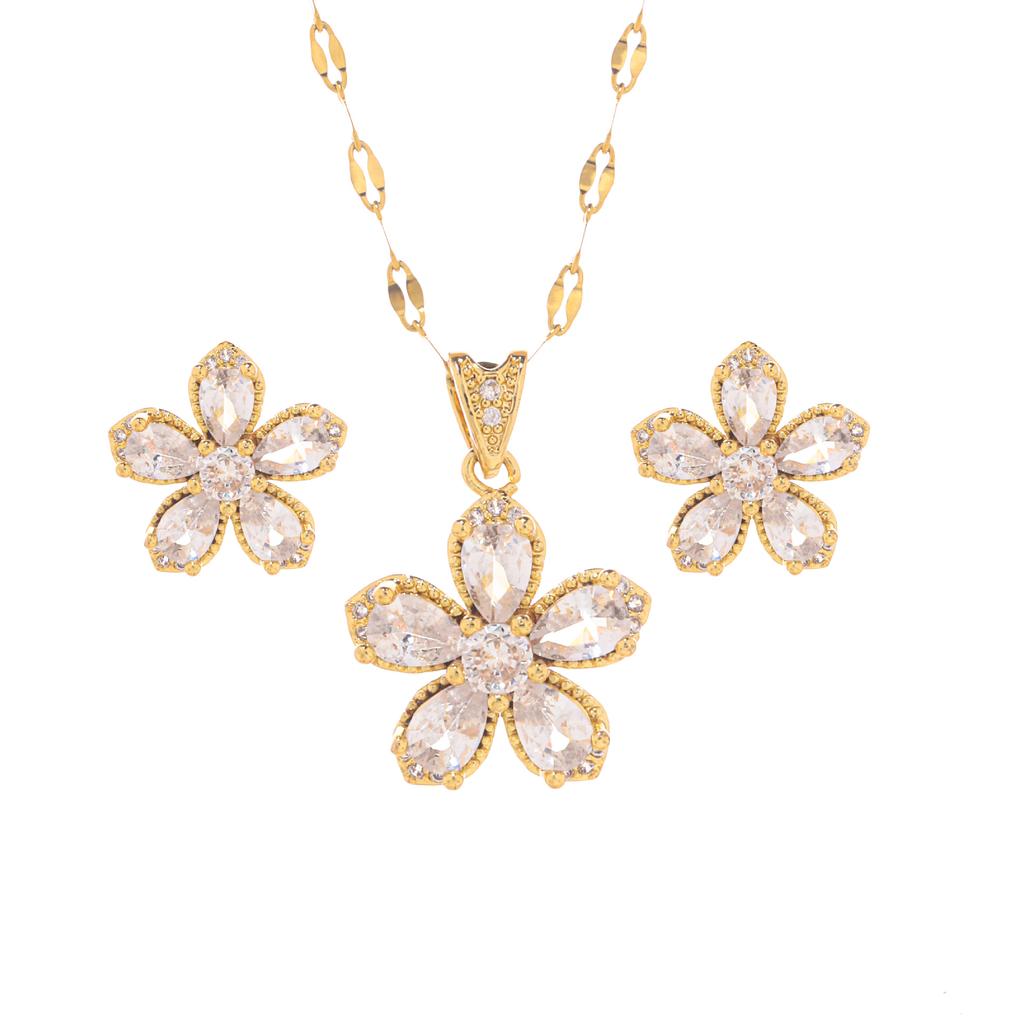 Titanium Steel Five-Petaled Flower Necklace Women'S High-End Simple Zircon Pendant Earrings Set