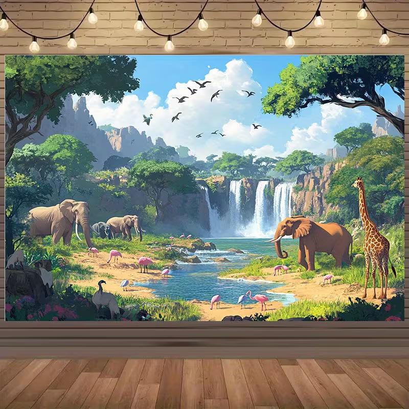 2D Nursery Room Background Cloth Wild Africa Elephant Giraffe Banner for Decor
