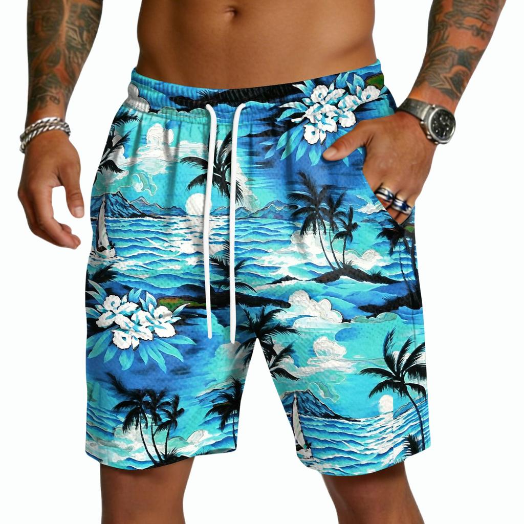 Herren Freizeitshorts mit Kordelzug Leicht Schnelltrocknend Innenbeinlänge Fünf Zoll Hawaiianischer Print Strand Badeshorts mit Taschen