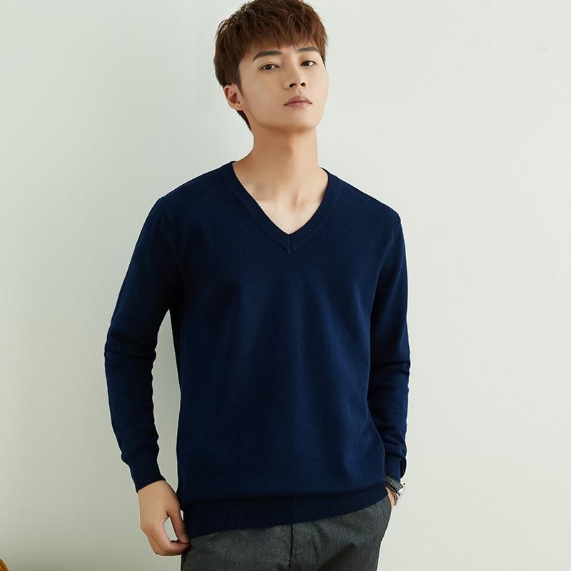 Autumn and Winter V-neck Round Neck Men's Knit Sweater Simple Wind Wild Color Pure Color Pullover Sweater Bottoming Business Sweater