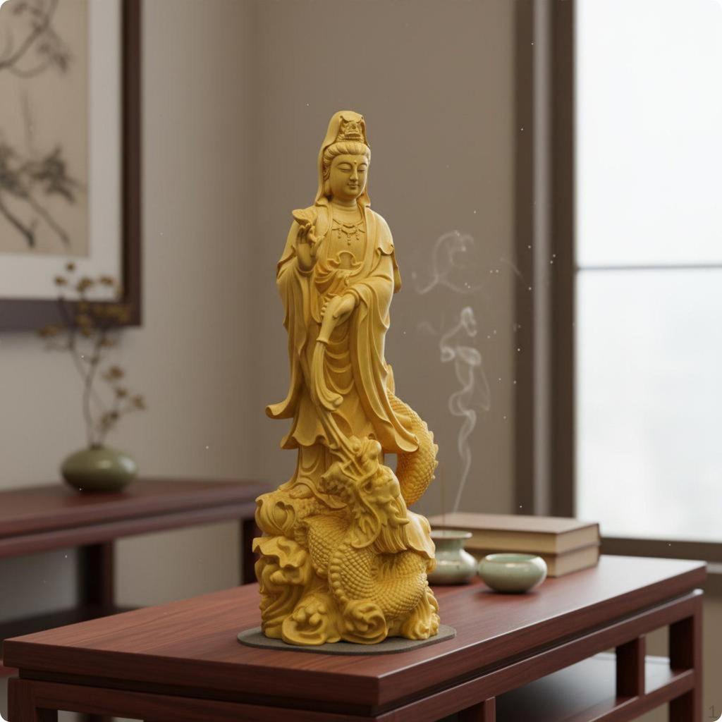 Wood Carved Guanyin Statue Spiritual Dragon Sculpture Avalokiteshvara Figure for Buddhists,