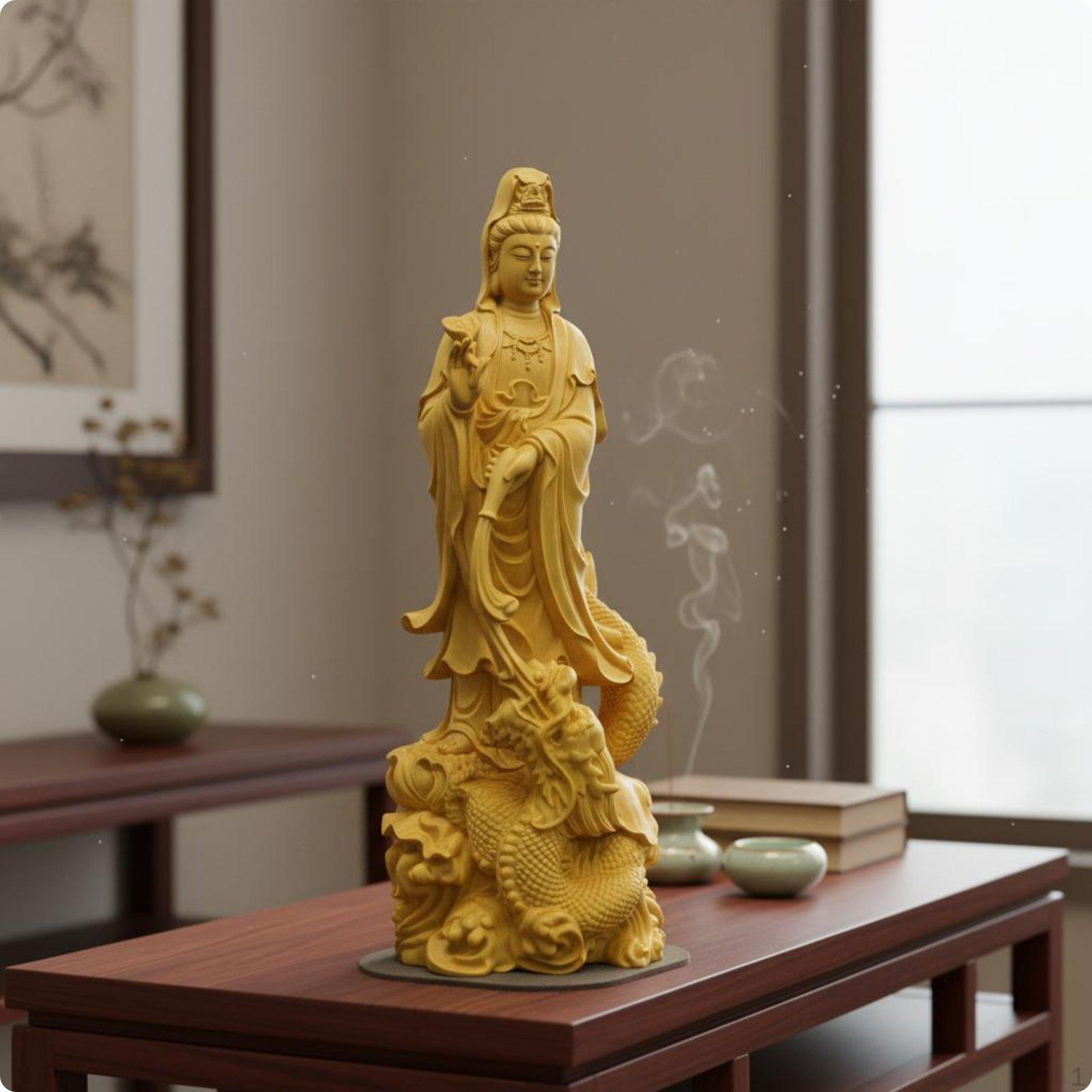 Wood Carved Guanyin Statue Spiritual Dragon