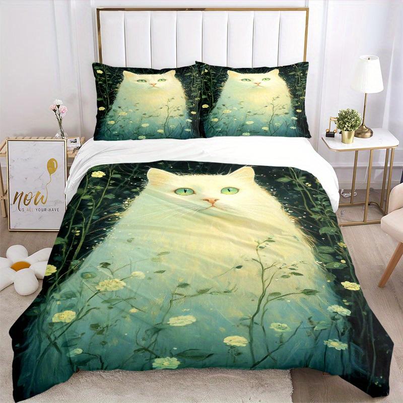 3pcs Cat Flowers Bedding Set Down Comforter Cover and Pillowcases, Suitable for Guest Room Home Decoration All Seasons(No Insert) S0819044