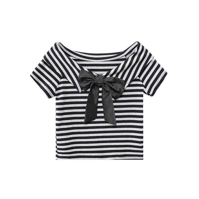 

Интерпретируй Красоту 2025 Лето Французская Милая Футболка с Полосками и Открытыми Плечами, S5018 Small