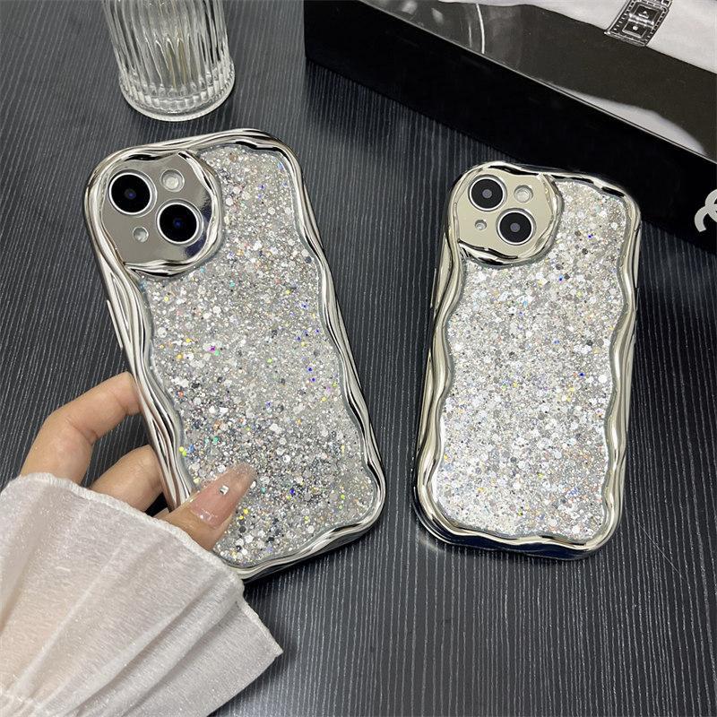 Luksus galvanisert Silver Glitter Drop selvklebende deksel til iPhone 15 14 13 12 11 Pro Max XS XR All-inclusive Fallbeskyttelsesdeksler