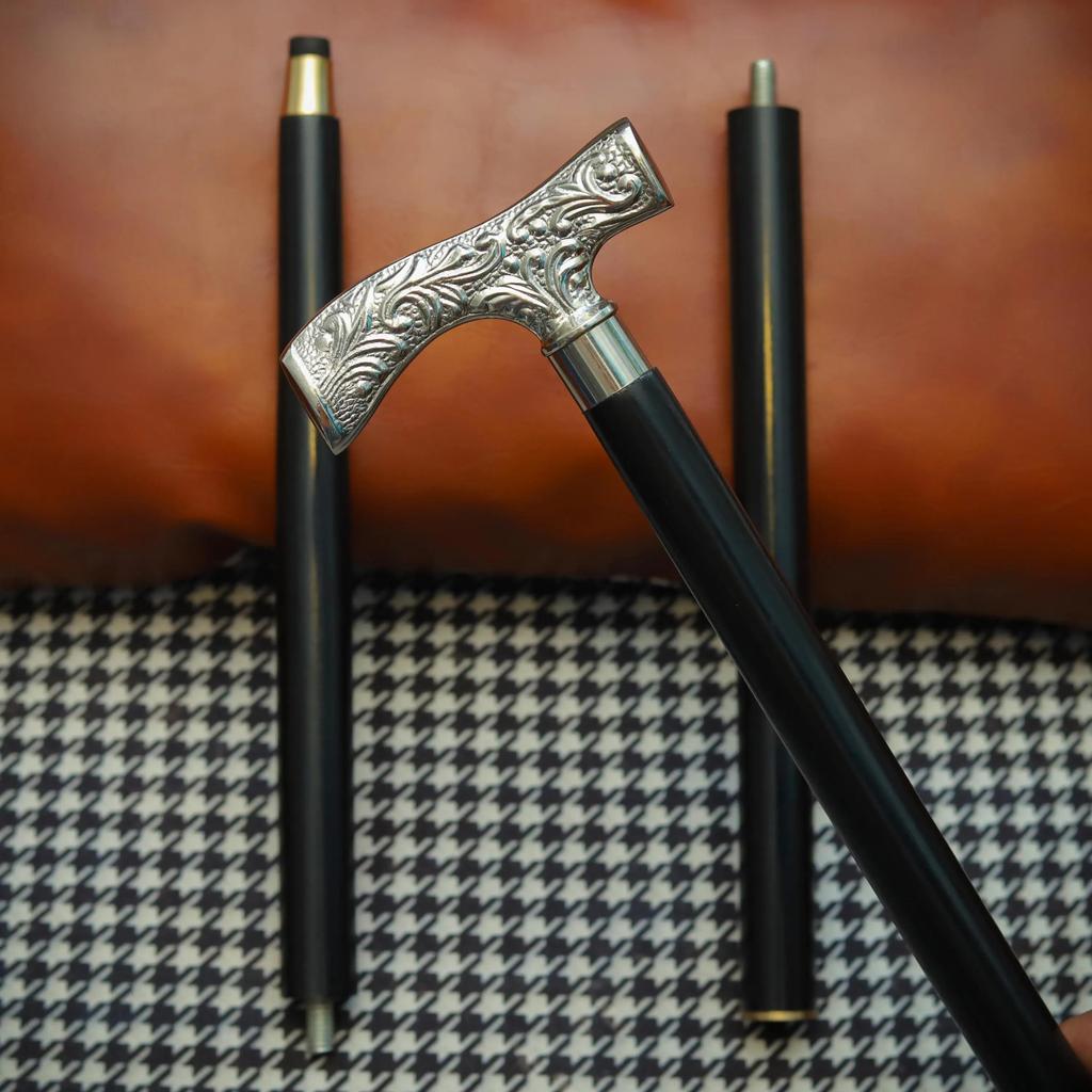 Engraved Silver-Tone Handle Walking Cane Elegant Black Wood Stick Birthday Gift