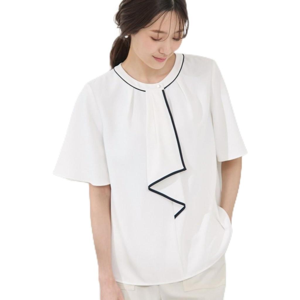 ROPE PICNIC Blouse Half Sleeve White [WEB-EXCLUSIVE SIZE] Color-Coordinated Bowtie-Style Blouse/Commuter-Friendly, Women's, (12)
